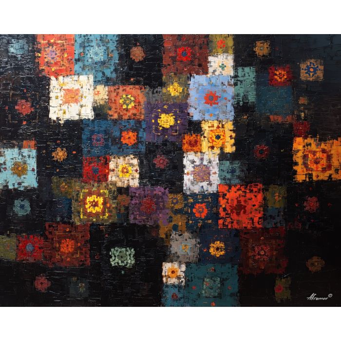 rustic, pattern, echoing, traditional, motifs,, shifting, palette knife, oil painting, textured impasto, layered pigment, dynamic strokes, sculpted paint, expressive surface, abstract detail, rich color, chromatic texture