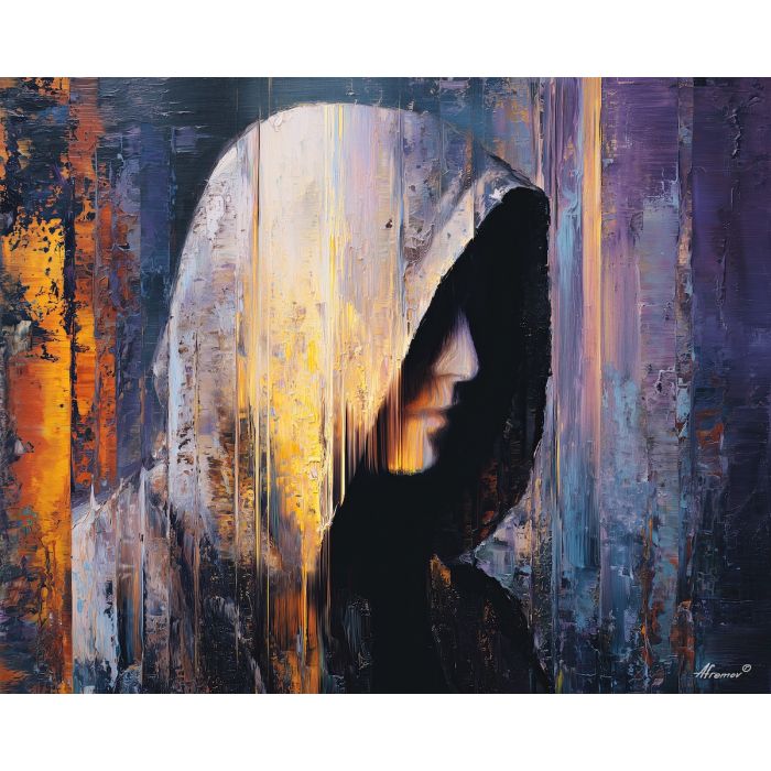 shadowy, figure, suggested, through, distorted, shapes,, palette knife, oil painting, textured impasto, layered pigment, dynamic strokes, sculpted paint, expressive surface, abstract detail, rich color, chromatic texture