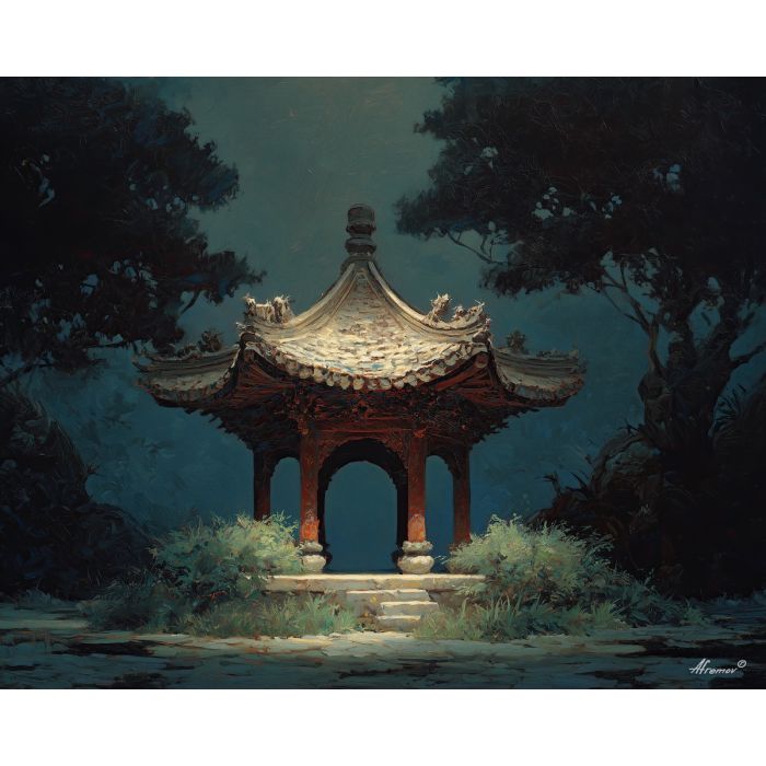 scene, influenced, classical, chinese, forms,, outlined, palette knife, oil painting, textured impasto, layered pigment, dynamic strokes, sculpted paint, expressive surface, abstract detail, rich color, chromatic texture