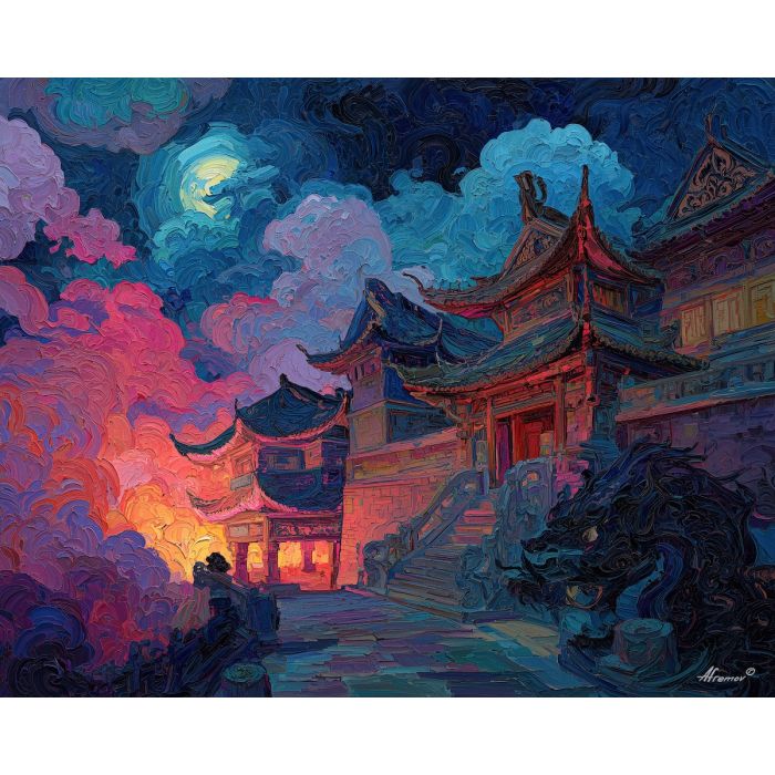 scene, influenced, classical, chinese, forms,, glimmering, palette knife, oil painting, textured impasto, layered pigment, dynamic strokes, sculpted paint, expressive surface, abstract detail, rich color, chromatic texture