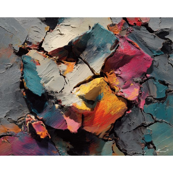 reduced, composition, built, sparse, shapes,, surrounded, palette knife, oil painting, textured impasto, layered pigment, dynamic strokes, sculpted paint, expressive surface, abstract detail, rich color, chromatic texture