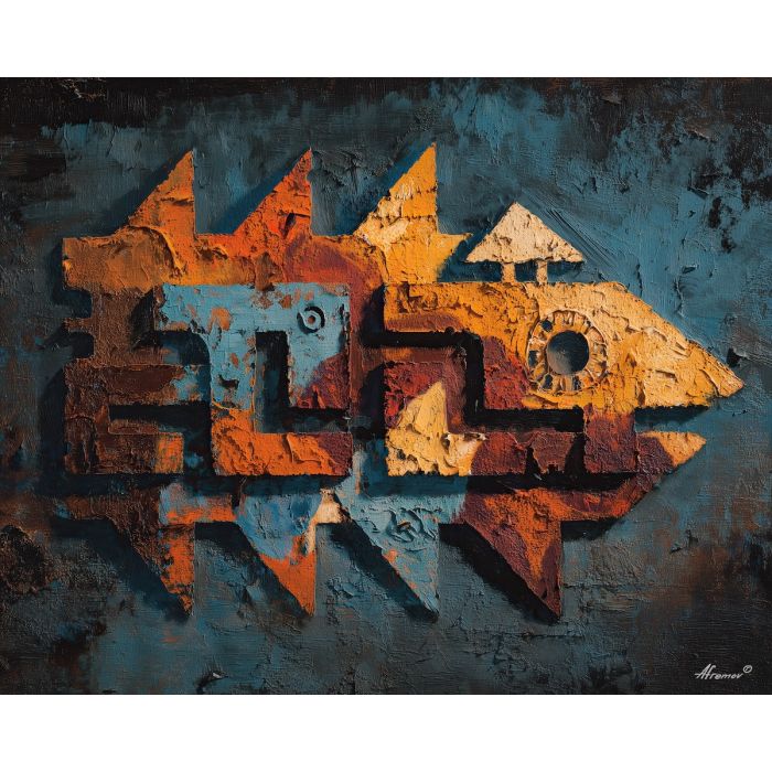 ancient, symbolic, shapes, inspired, mayan, aesthetics,, palette knife, oil painting, textured impasto, layered pigment, dynamic strokes, sculpted paint, expressive surface, abstract detail, rich color, chromatic texture