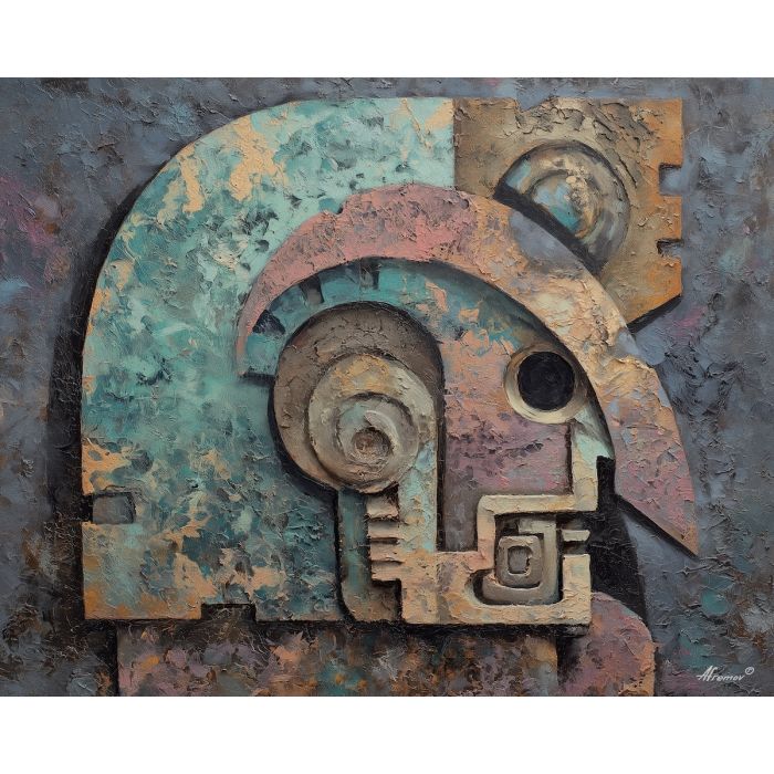 ancient, symbolic, shapes, inspired, mayan, aesthetics,, palette knife, oil painting, textured impasto, layered pigment, dynamic strokes, sculpted paint, expressive surface, abstract detail, rich color, chromatic texture