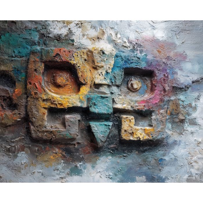 ancient, symbolic, shapes, inspired, mayan, aesthetics,, palette knife, oil painting, textured impasto, layered pigment, dynamic strokes, sculpted paint, expressive surface, abstract detail, rich color, chromatic texture