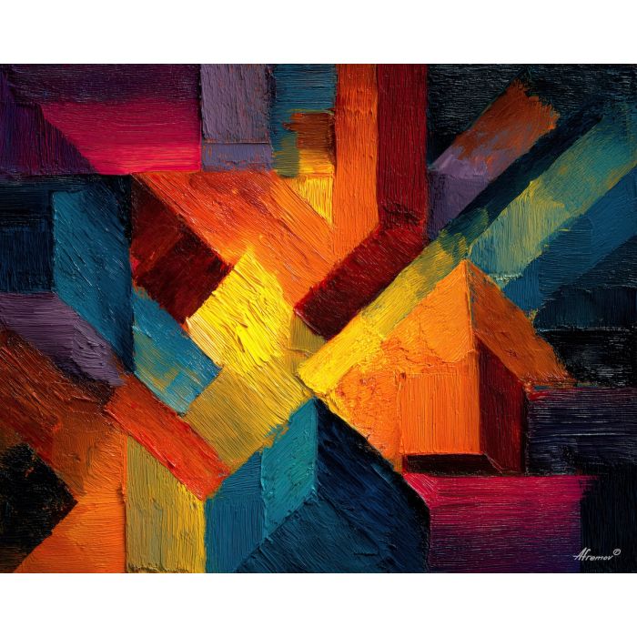 arrangement, angular, geometric, shapes,, shifting, uneven, palette knife, oil painting, textured impasto, layered pigment, dynamic strokes, sculpted paint, expressive surface, abstract detail, rich color, chromatic texture