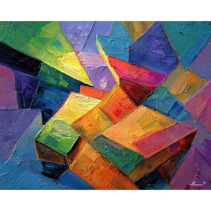 arrangement, angular, geometric, shapes,, bathed, radiance,, palette knife, oil painting, textured impasto, layered pigment, dynamic strokes, sculpted paint, expressive surface, abstract detail, rich color, chromatic texture