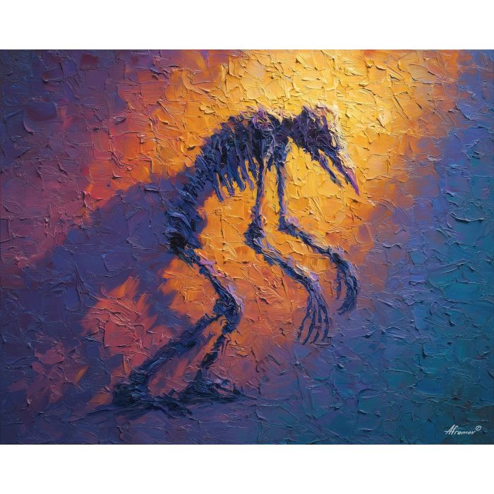 skeletal, silhouette, rendered, fractured, strokes,, bright, palette knife, oil painting, textured impasto, layered pigment, dynamic strokes, sculpted paint, expressive surface, abstract detail, rich color, chromatic texture