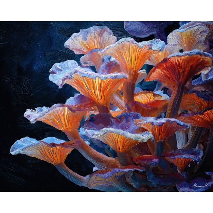 surreal, cluster, glowing, mushroom, forms,, shifting, palette knife, oil painting, textured impasto, layered pigment, dynamic strokes, sculpted paint, expressive surface, abstract detail, rich color, chromatic texture
