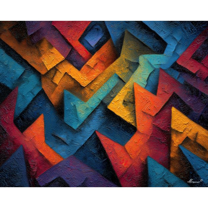 arrangement, angular, geometric, shapes,, immersed, luminescent, palette knife, oil painting, textured impasto, layered pigment, dynamic strokes, sculpted paint, expressive surface, abstract detail, rich color, chromatic texture