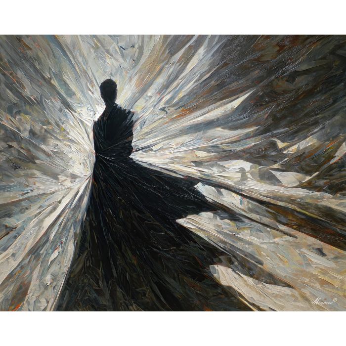 shadowy, figure, suggested, through, distorted, shapes,, palette knife, oil painting, textured impasto, layered pigment, dynamic strokes, sculpted paint, expressive surface, abstract detail, rich color, chromatic texture