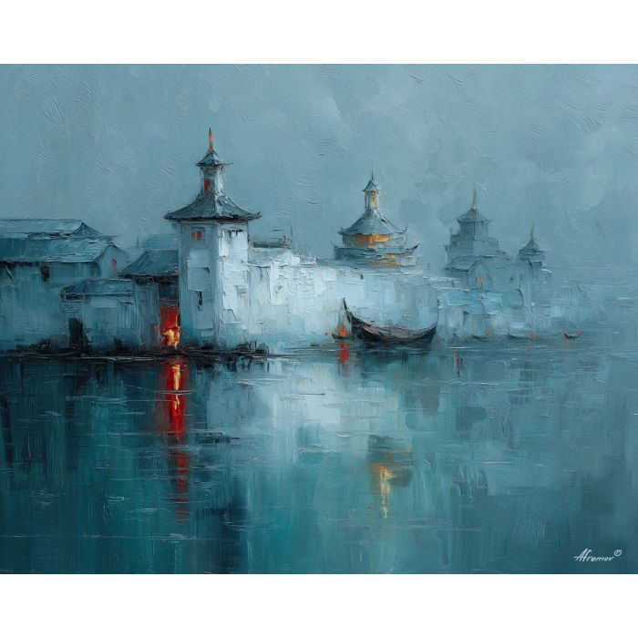 scene, influenced, classical, chinese, forms,, immersed, palette knife, oil painting, textured impasto, layered pigment, dynamic strokes, sculpted paint, expressive surface, abstract detail, rich color, chromatic texture