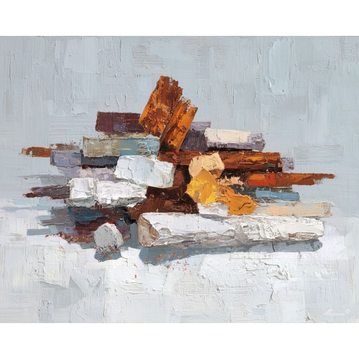 reduced, composition, built, sparse, shapes,, fading, palette knife, oil painting, textured impasto, layered pigment, dynamic strokes, sculpted paint, expressive surface, abstract detail, rich color, chromatic texture