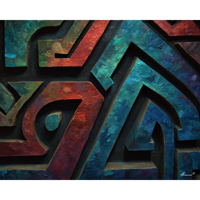 ancient, symbolic, shapes, inspired, mayan, aesthetics,, palette knife, oil painting, textured impasto, layered pigment, dynamic strokes, sculpted paint, expressive surface, abstract detail, rich color, chromatic texture