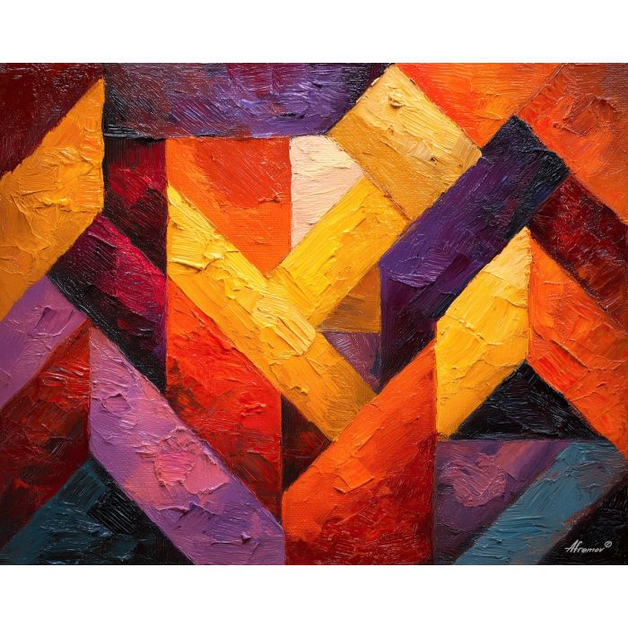 arrangement, angular, geometric, shapes,, glowing, highlights,, palette knife, oil painting, textured impasto, layered pigment, dynamic strokes, sculpted paint, expressive surface, abstract detail, rich color, chromatic texture