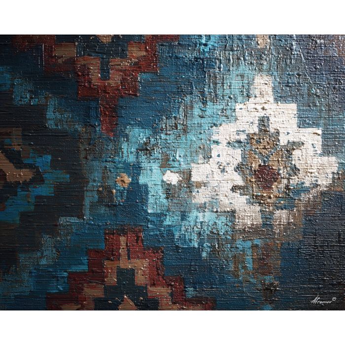 rustic, pattern, echoing, traditional, motifs,, bathed, palette knife, oil painting, textured impasto, layered pigment, dynamic strokes, sculpted paint, expressive surface, abstract detail, rich color, chromatic texture