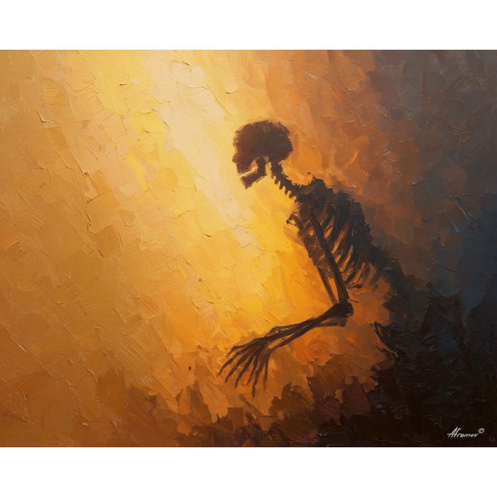 skeletal, silhouette, rendered, fractured, strokes,, shifting, palette knife, oil painting, textured impasto, layered pigment, dynamic strokes, sculpted paint, expressive surface, abstract detail, rich color, chromatic texture