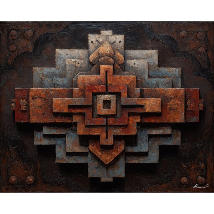 ancient, symbolic, shapes, inspired, mayan, aesthetics,, palette knife, oil painting, textured impasto, layered pigment, dynamic strokes, sculpted paint, expressive surface, abstract detail, rich color, chromatic texture