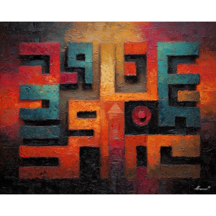 ancient, symbolic, shapes, inspired, mayan, aesthetics,, palette knife, oil painting, textured impasto, layered pigment, dynamic strokes, sculpted paint, expressive surface, abstract detail, rich color, chromatic texture