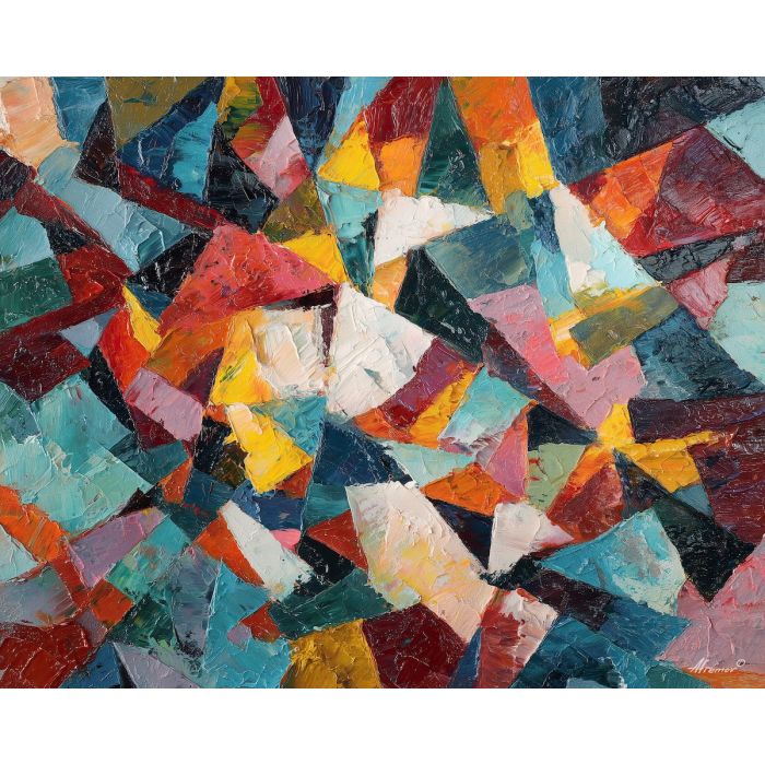 arrangement, angular, geometric, shapes,, glowing, highlights,, palette knife, oil painting, textured impasto, layered pigment, dynamic strokes, sculpted paint, expressive surface, abstract detail, rich color, chromatic texture