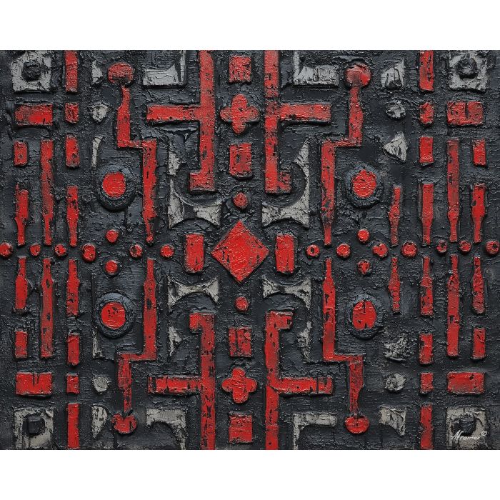 rustic, pattern, echoing, traditional, motifs,, bright, palette knife, oil painting, textured impasto, layered pigment, dynamic strokes, sculpted paint, expressive surface, abstract detail, rich color, chromatic texture