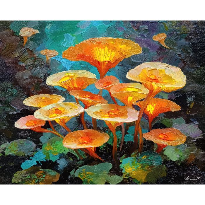surreal, cluster, glowing, mushroom, forms,, pressed, palette knife, oil painting, textured impasto, layered pigment, dynamic strokes, sculpted paint, expressive surface, abstract detail, rich color, chromatic texture