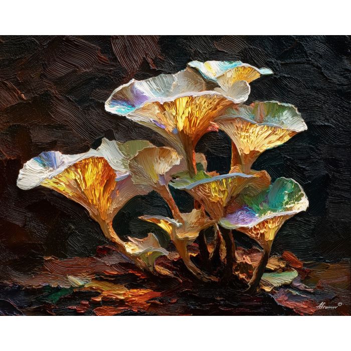 surreal, cluster, glowing, mushroom, forms,, palette knife, oil painting, textured impasto, layered pigment, dynamic strokes, sculpted paint, expressive surface, abstract detail, rich color, chromatic texture