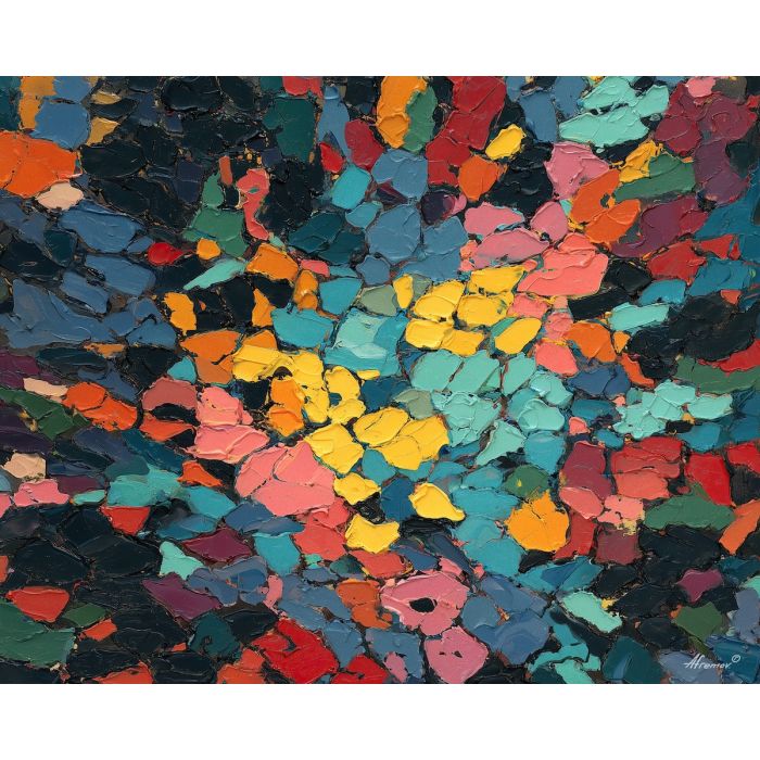 reduced, composition, built, sparse, shapes,, outlined, palette knife, oil painting, textured impasto, layered pigment, dynamic strokes, sculpted paint, expressive surface, abstract detail, rich color, chromatic texture