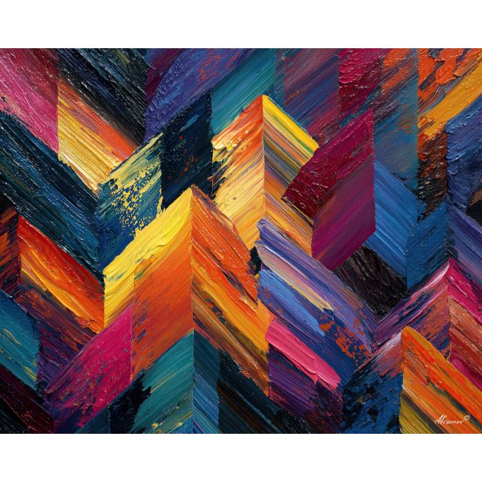 arrangement, angular, geometric, shapes,, fading, broken, palette knife, oil painting, textured impasto, layered pigment, dynamic strokes, sculpted paint, expressive surface, abstract detail, rich color, chromatic texture