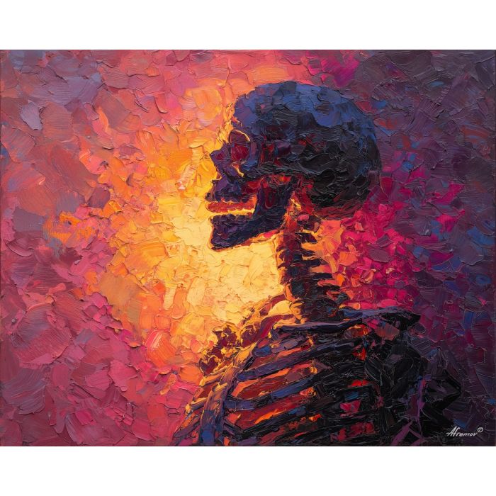 skeletal, silhouette, rendered, fractured, strokes,, glowing, palette knife, oil painting, textured impasto, layered pigment, dynamic strokes, sculpted paint, expressive surface, abstract detail, rich color, chromatic texture