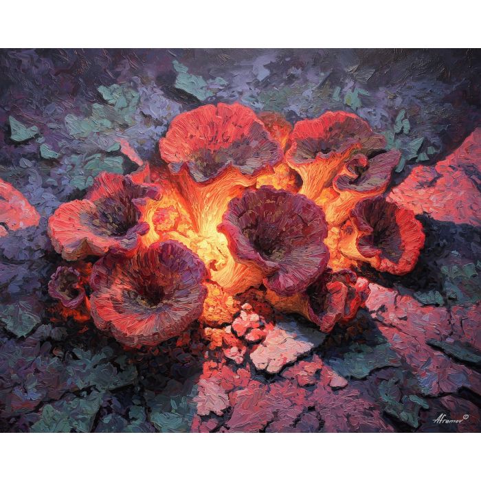 surreal, cluster, glowing, mushroom, forms,, pressed, palette knife, oil painting, textured impasto, layered pigment, dynamic strokes, sculpted paint, expressive surface, abstract detail, rich color, chromatic texture