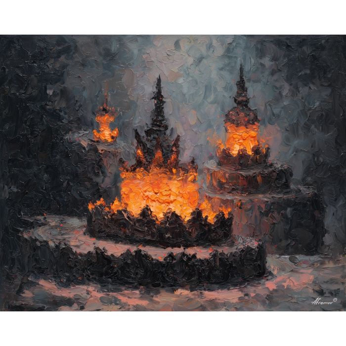 scene, influenced, classical, chinese, forms,, fading, palette knife, oil painting, textured impasto, layered pigment, dynamic strokes, sculpted paint, expressive surface, abstract detail, rich color, chromatic texture