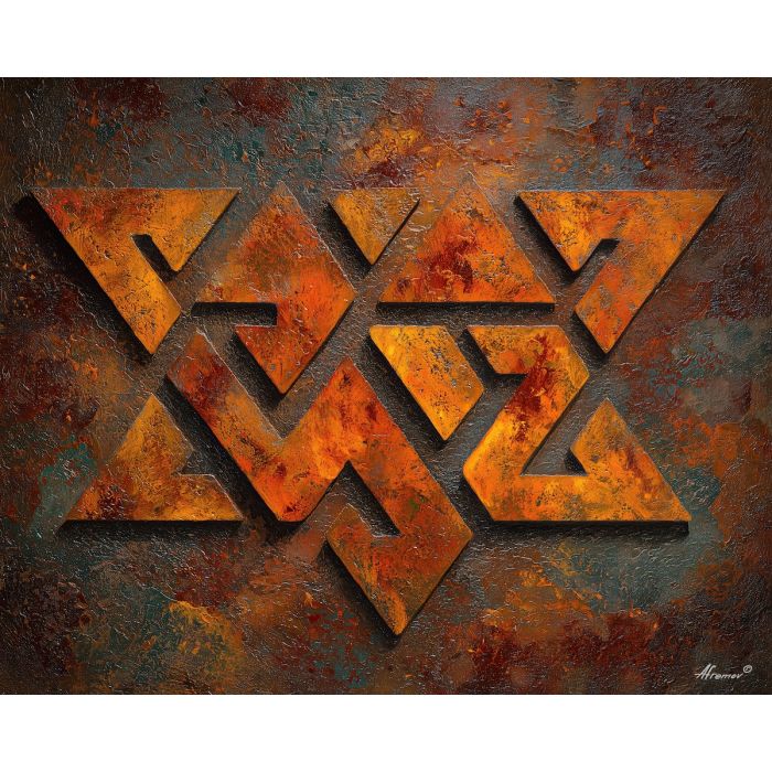 ancient, symbolic, shapes, inspired, mayan, aesthetics,, palette knife, oil painting, textured impasto, layered pigment, dynamic strokes, sculpted paint, expressive surface, abstract detail, rich color, chromatic texture