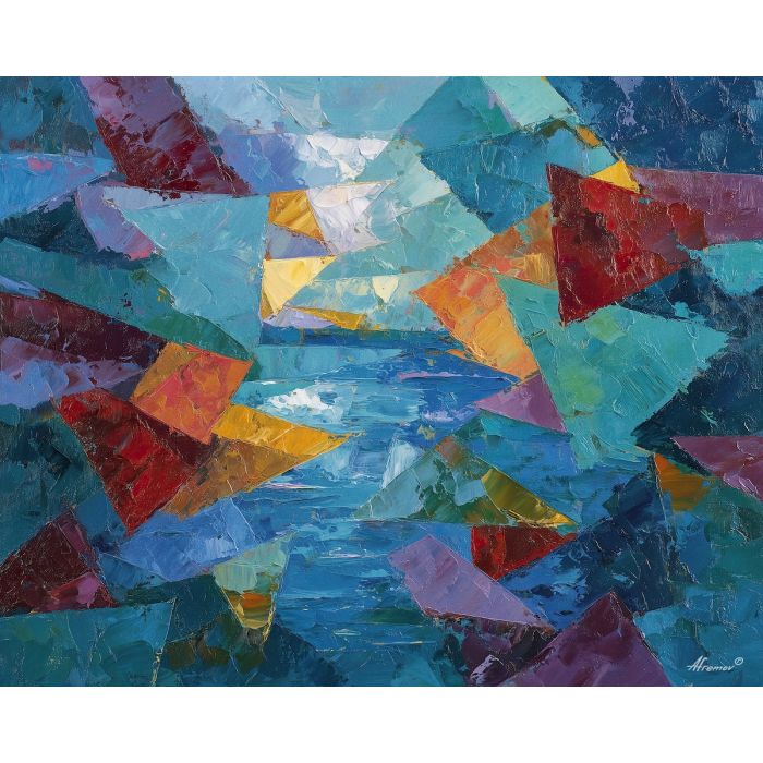 arrangement, angular, geometric, shapes,, glimmering, through, palette knife, oil painting, textured impasto, layered pigment, dynamic strokes, sculpted paint, expressive surface, abstract detail, rich color, chromatic texture