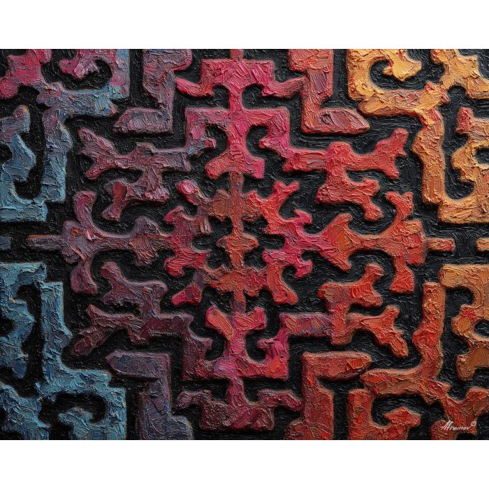 rustic, pattern, echoing, traditional, motifs,, outlined, palette knife, oil painting, textured impasto, layered pigment, dynamic strokes, sculpted paint, expressive surface, abstract detail, rich color, chromatic texture