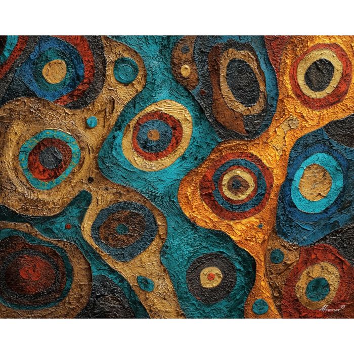 rustic, pattern, echoing, traditional, motifs,, outlined, palette knife, oil painting, textured impasto, layered pigment, dynamic strokes, sculpted paint, expressive surface, abstract detail, rich color, chromatic texture