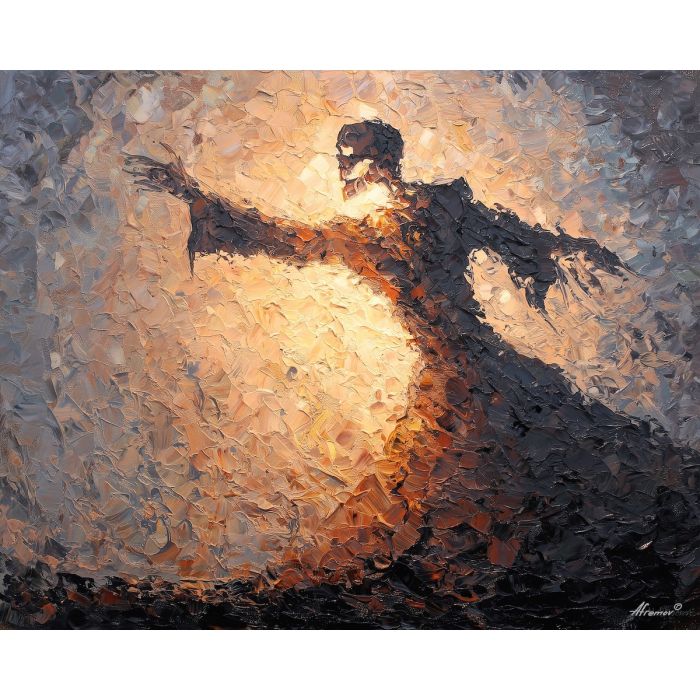 skeletal, silhouette, rendered, fractured, strokes,, surrounded, palette knife, oil painting, textured impasto, layered pigment, dynamic strokes, sculpted paint, expressive surface, abstract detail, rich color, chromatic texture