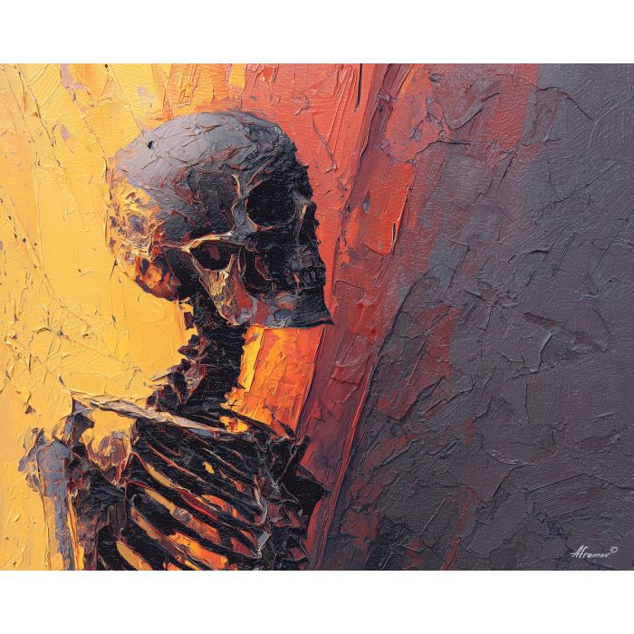 skeletal, silhouette, rendered, fractured, strokes,, bathed, palette knife, oil painting, textured impasto, layered pigment, dynamic strokes, sculpted paint, expressive surface, abstract detail, rich color, chromatic texture