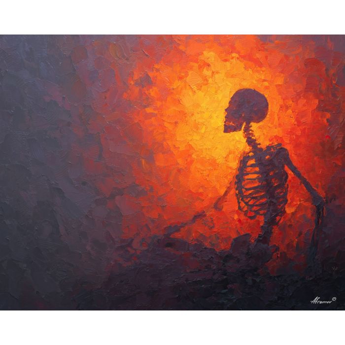 skeletal, silhouette, rendered, fractured, strokes,, shifting, palette knife, oil painting, textured impasto, layered pigment, dynamic strokes, sculpted paint, expressive surface, abstract detail, rich color, chromatic texture