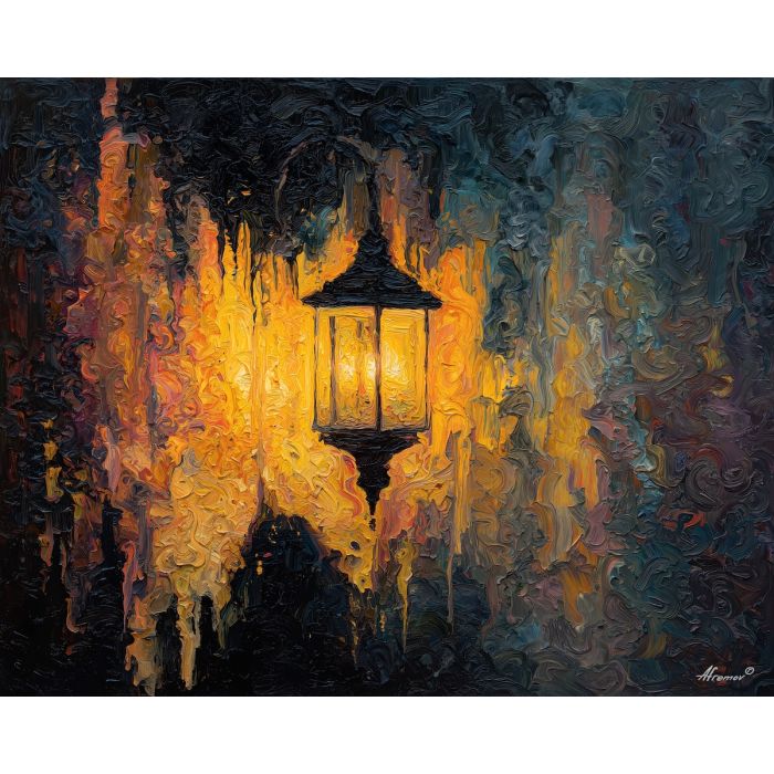dimly, scene, haunting, seasonal, motifs,, bright, palette knife, oil painting, textured impasto, layered pigment, dynamic strokes, sculpted paint, expressive surface, abstract detail, rich color, chromatic texture