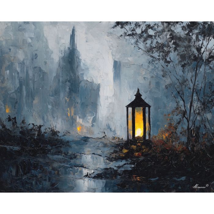 dimly, scene, haunting, seasonal, motifs,, outlined, palette knife, oil painting, textured impasto, layered pigment, dynamic strokes, sculpted paint, expressive surface, abstract detail, rich color, chromatic texture