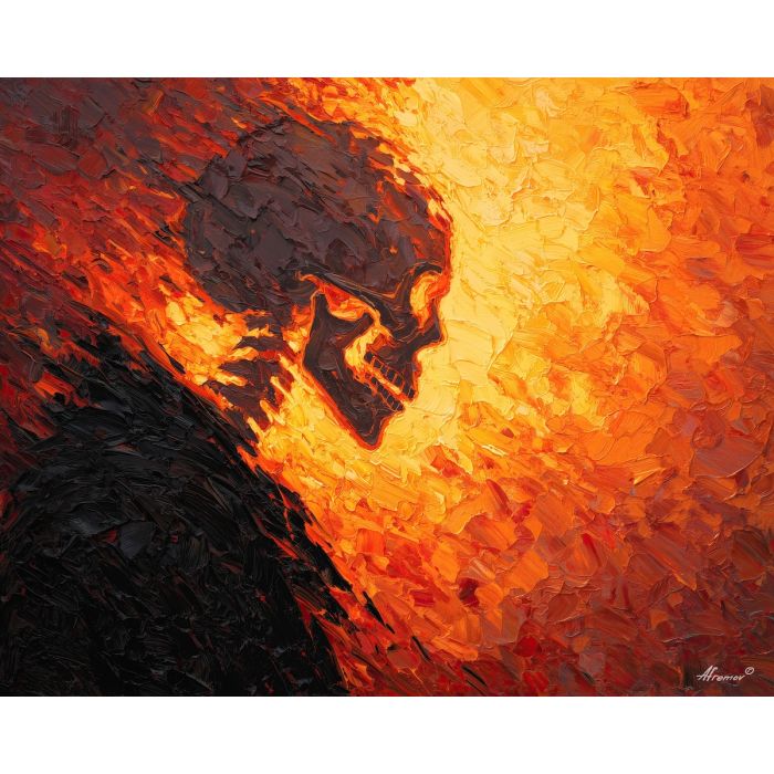 skeletal, silhouette, rendered, fractured, strokes,, pressed, palette knife, oil painting, textured impasto, layered pigment, dynamic strokes, sculpted paint, expressive surface, abstract detail, rich color, chromatic texture