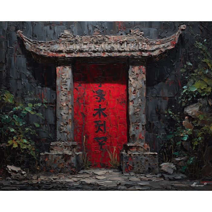 scene, influenced, classical, chinese, forms,, outlined, palette knife, oil painting, textured impasto, layered pigment, dynamic strokes, sculpted paint, expressive surface, abstract detail, rich color, chromatic texture