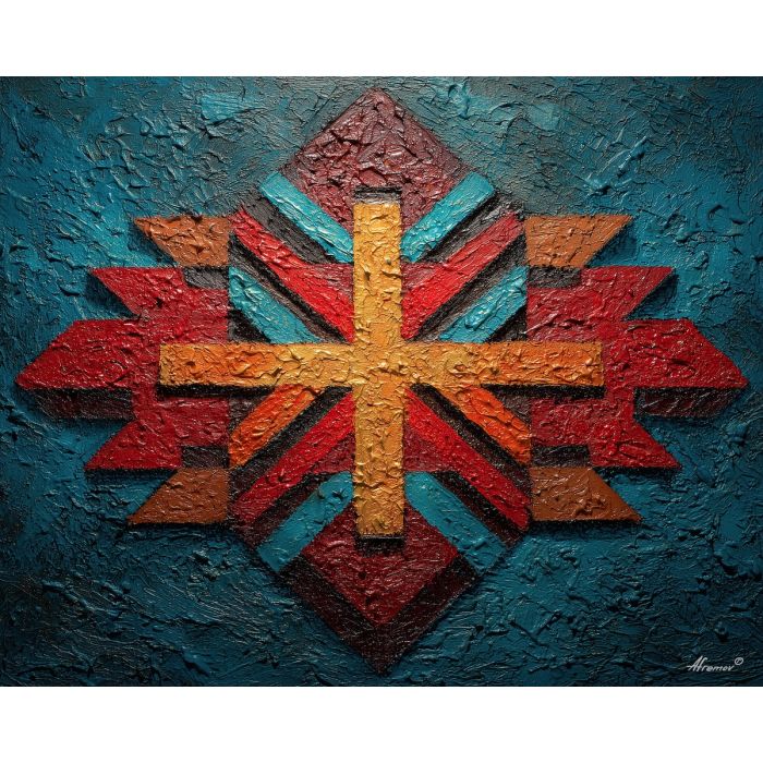 ancient, symbolic, shapes, inspired, mayan, aesthetics,, palette knife, oil painting, textured impasto, layered pigment, dynamic strokes, sculpted paint, expressive surface, abstract detail, rich color, chromatic texture