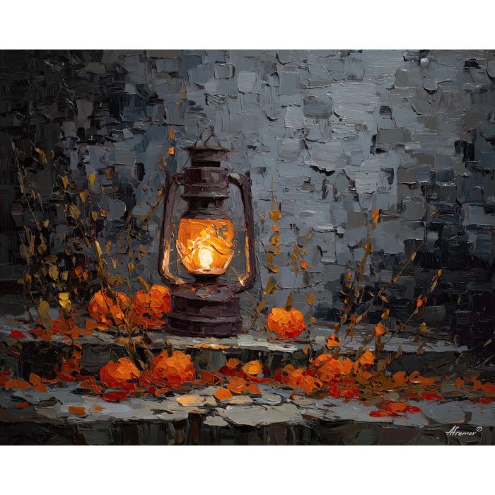 dimly, scene, haunting, seasonal, motifs,, immersed, palette knife, oil painting, textured impasto, layered pigment, dynamic strokes, sculpted paint, expressive surface, abstract detail, rich color, chromatic texture
