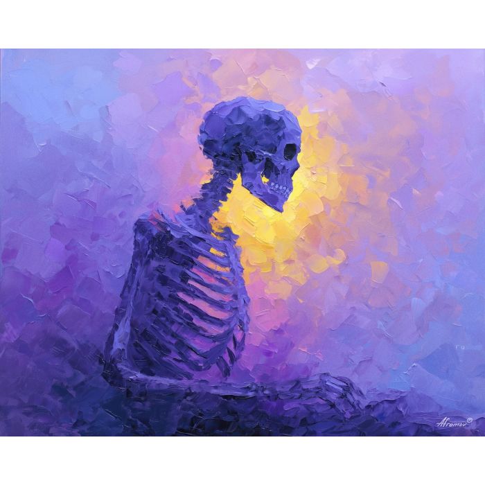 skeletal, silhouette, rendered, fractured, strokes,, pressed, palette knife, oil painting, textured impasto, layered pigment, dynamic strokes, sculpted paint, expressive surface, abstract detail, rich color, chromatic texture