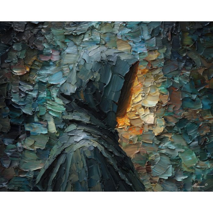 shadowy, figure, suggested, through, distorted, shapes,, palette knife, oil painting, textured impasto, layered pigment, dynamic strokes, sculpted paint, expressive surface, abstract detail, rich color, chromatic texture