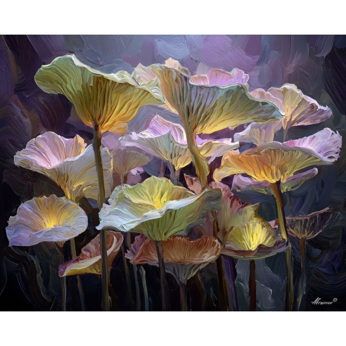 surreal, cluster, glowing, mushroom, forms,, shifting, palette knife, oil painting, textured impasto, layered pigment, dynamic strokes, sculpted paint, expressive surface, abstract detail, rich color, chromatic texture