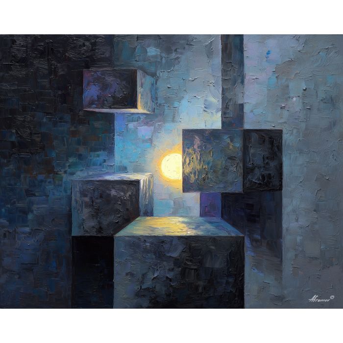 reduced, composition, built, sparse, shapes,, bathed, palette knife, oil painting, textured impasto, layered pigment, dynamic strokes, sculpted paint, expressive surface, abstract detail, rich color, chromatic texture