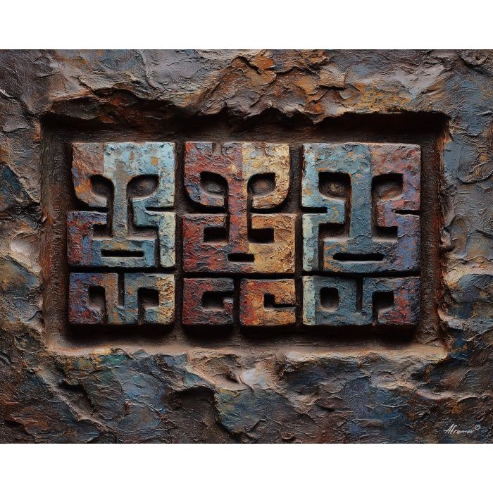 ancient, symbolic, shapes, inspired, mayan, aesthetics,, palette knife, oil painting, textured impasto, layered pigment, dynamic strokes, sculpted paint, expressive surface, abstract detail, rich color, chromatic texture