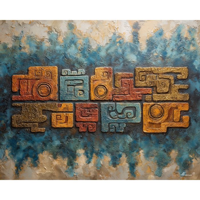 ancient, symbolic, shapes, inspired, mayan, aesthetics,, palette knife, oil painting, textured impasto, layered pigment, dynamic strokes, sculpted paint, expressive surface, abstract detail, rich color, chromatic texture